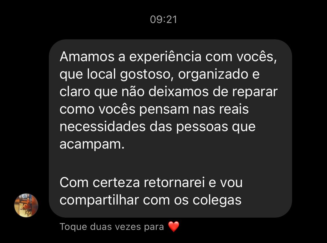 Amamos a Experiência, organizado e claro que não deixamos de reparar como vocês pensam nas reais necessidades das pessoas que acampam. Com centeza retornarei e vou compartilhar com os colegas